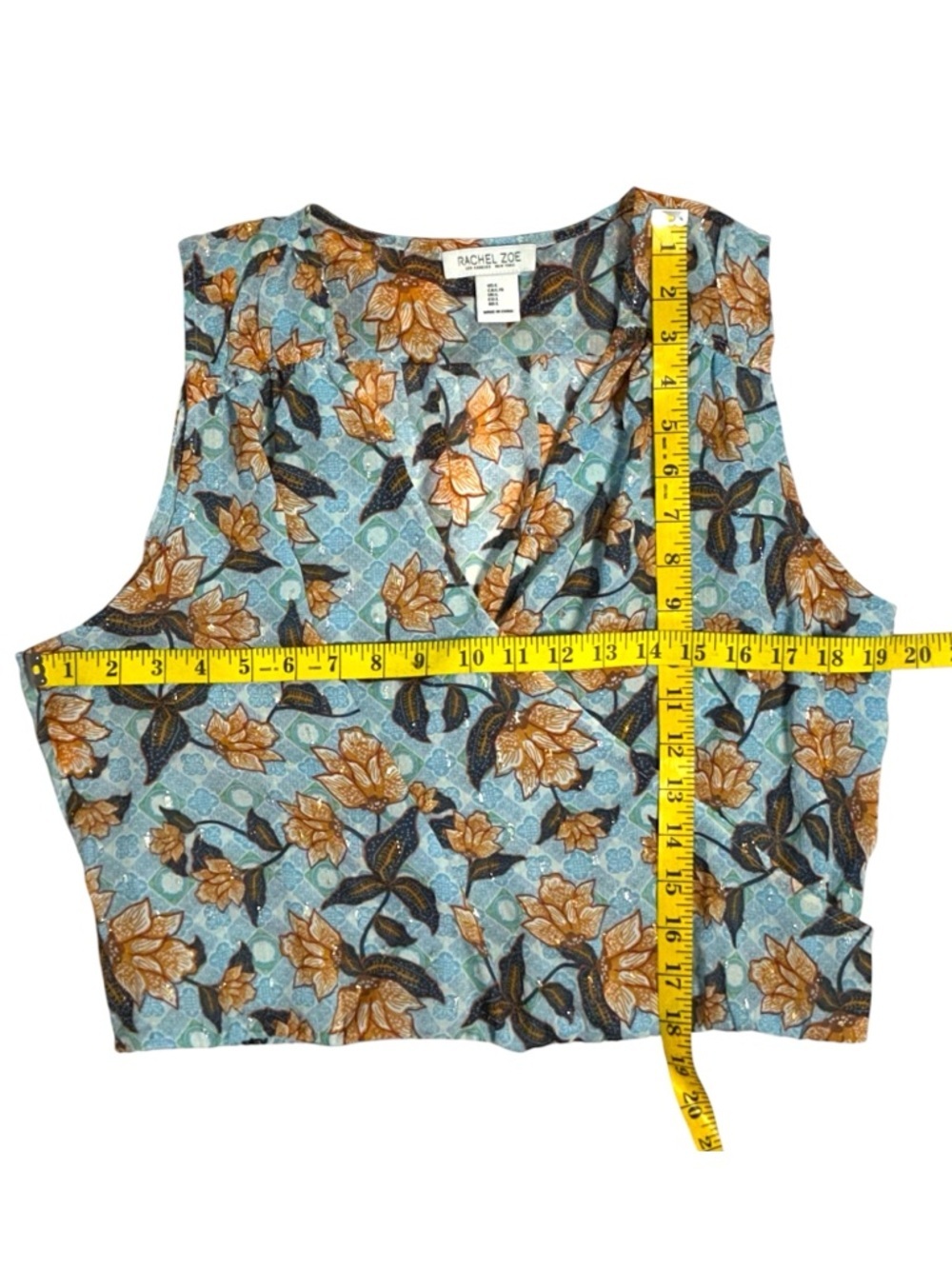Rachel Zoe Cropped Top Faux Wrap Sleeveless V neck Mustard Blue Large - Picture 2 of 16
